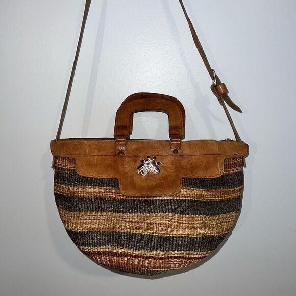 Vintage African Sisal Market Woven Bag Leather Handles & Strap Painted Giraffe - Picture 4 of 11